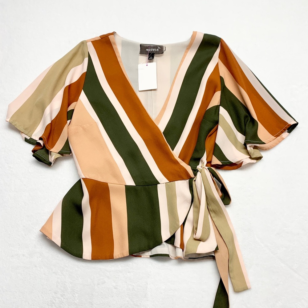 4SI3NNA Striped‎ Wrap Peplum Top Womens Size S Green Orange Boho Flutter Sleeve